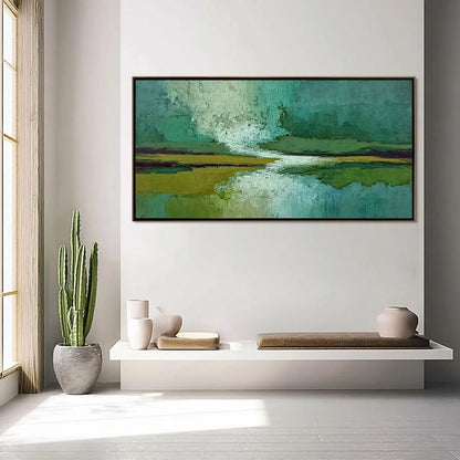 VERDANT HORIZON: Textured Abstract Landscape Painting in Green and Gold | gold frame stretched on neutral wall