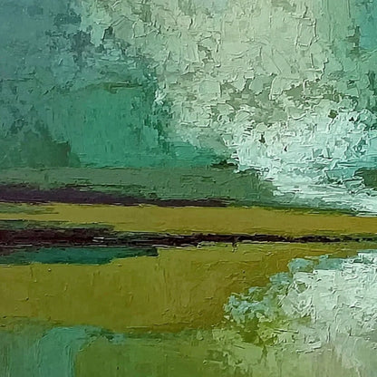 VERDANT HORIZON: Textured Abstract Landscape Painting in Green and Gold | rolled canvas, ready for custom framing