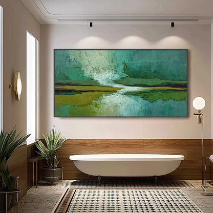 VERDANT HORIZON: Textured Abstract Landscape Painting in Green and Gold | black frame version on white wall