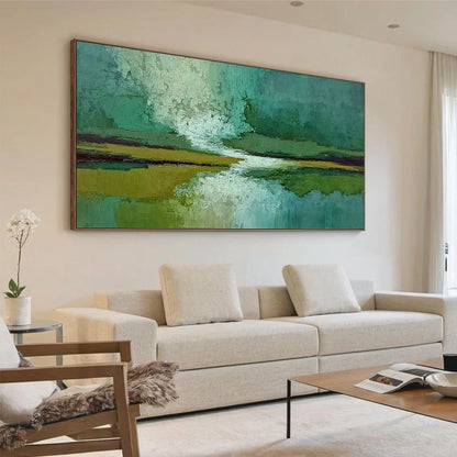 VERDANT HORIZON: Textured Abstract Landscape Painting in Green and Gold | Abstract mood, soft natural light studio shot