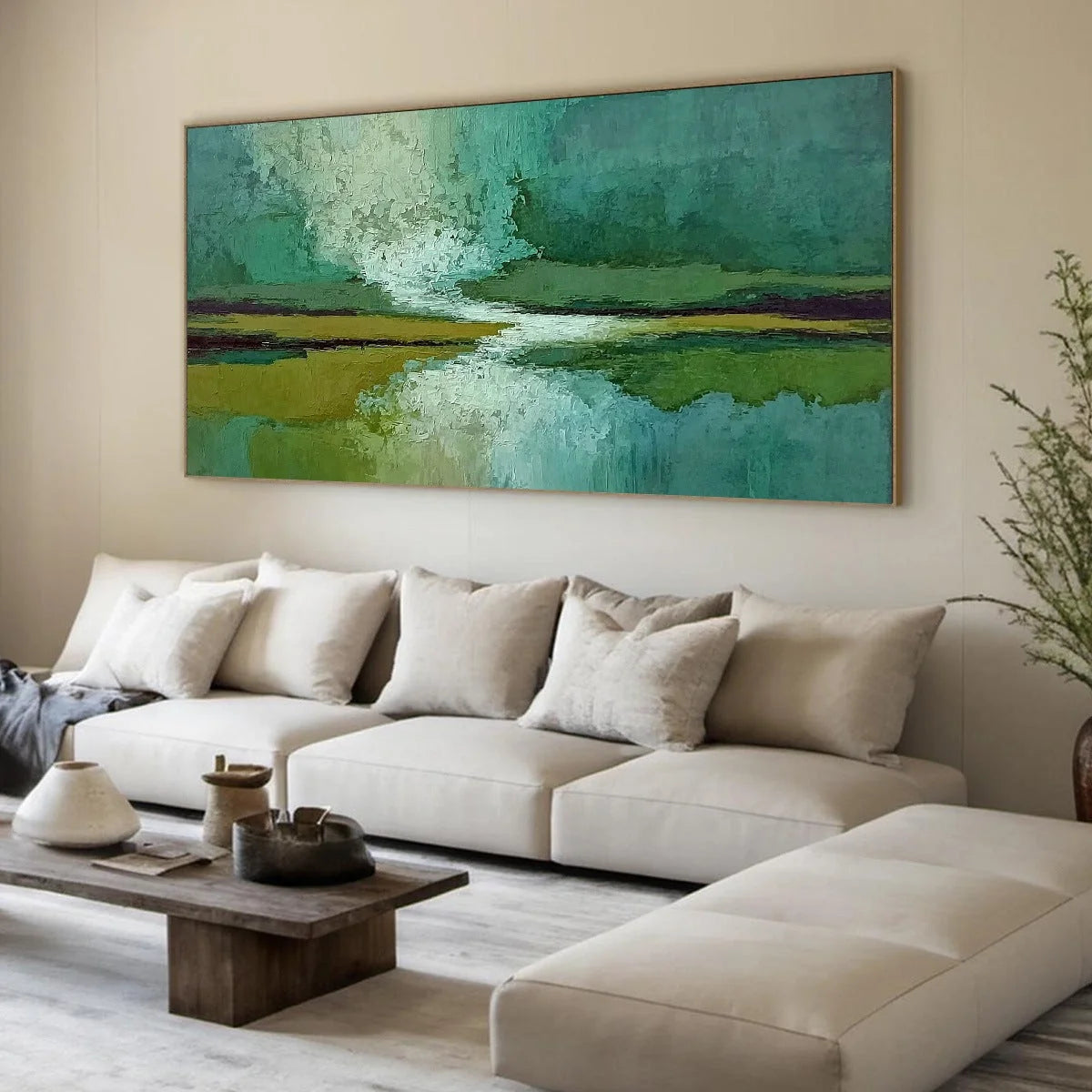 VERDANT HORIZON: Textured Abstract Landscape Painting in Green and Gold | green palette, original oil on stretched canvas art