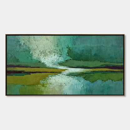 VERDANT HORIZON: Textured Abstract Landscape Painting in Green and Gold | hanging in living room, Abstract wall art