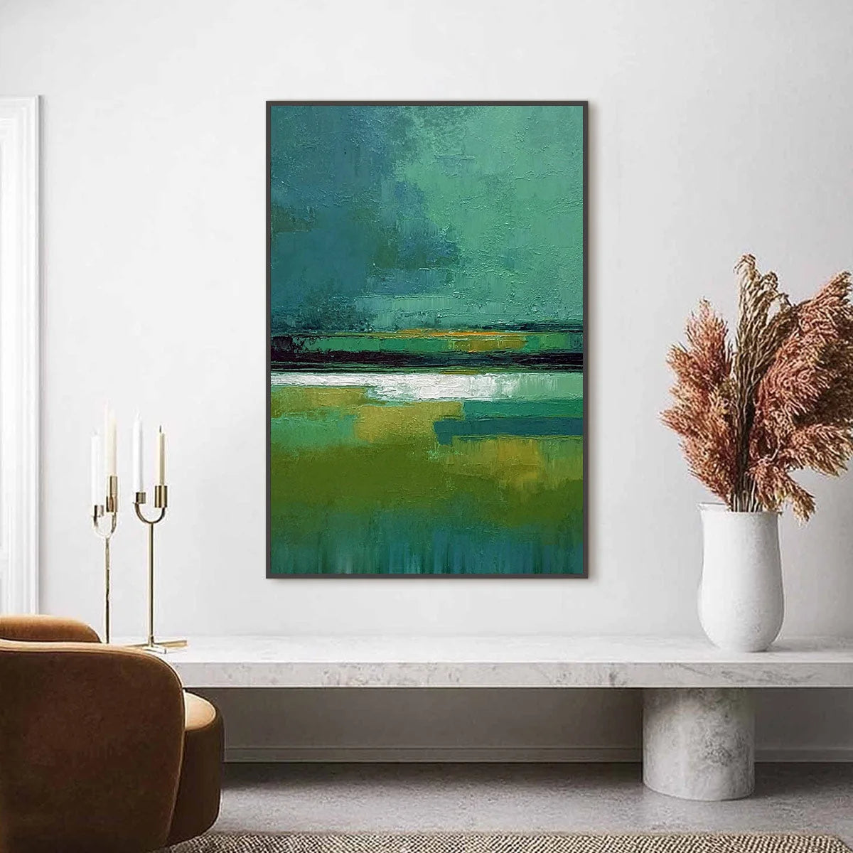 VERDANT HORIZON: Textured Wabi Sabi Abstract Landscape Painting | Abstract closeup, raised brushwork detail
