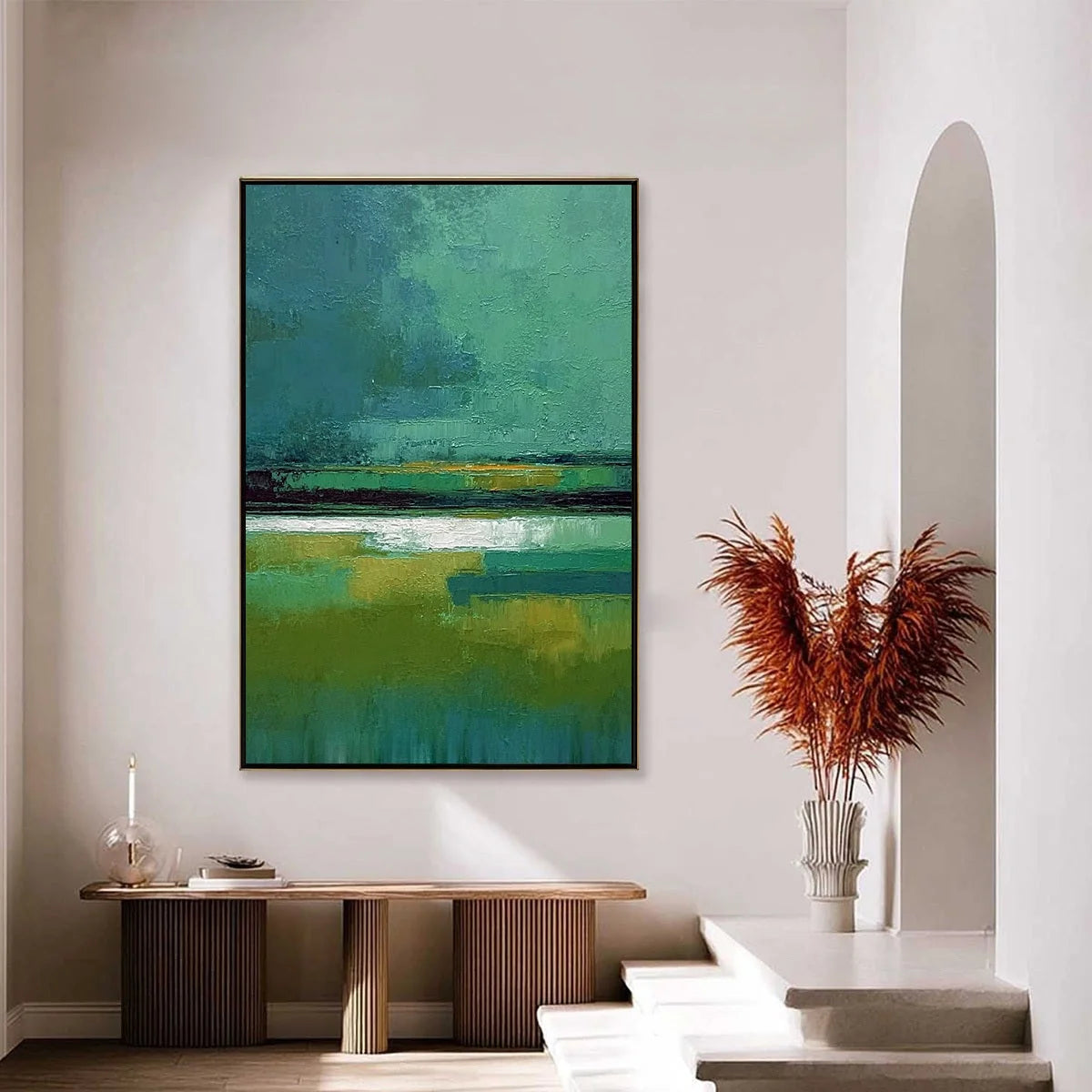 VERDANT HORIZON: Textured Wabi Sabi Abstract Landscape Painting | gold frame stretched on neutral wall
