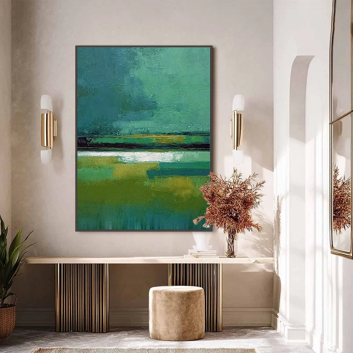 VERDANT HORIZON: Textured Wabi Sabi Abstract Landscape Painting | black frame version on white wall