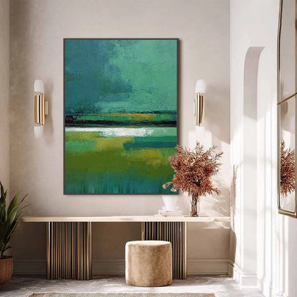 VERDANT HORIZON: Textured Wabi Sabi Abstract Landscape Painting | black frame version on white wall