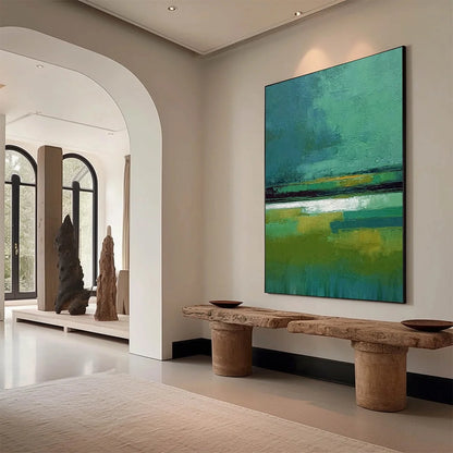 VERDANT HORIZON: Textured Wabi Sabi Abstract Landscape Painting | Abstract mood, soft natural light studio shot