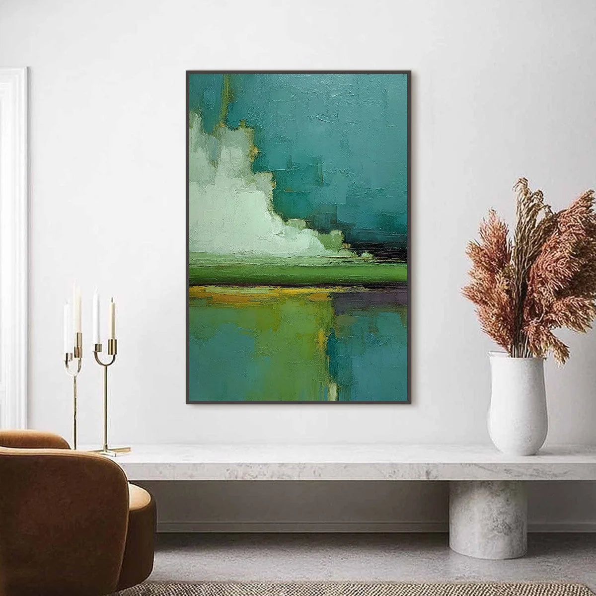 VERDANT HORIZON: Vertical Textured Abstract Landscape Oil Painting | Abstract closeup, raised brushwork detail