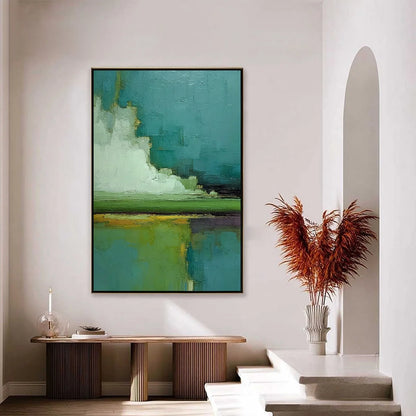 VERDANT HORIZON: Vertical Textured Abstract Landscape Oil Painting | gold frame stretched on neutral wall