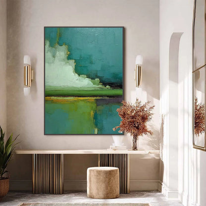 VERDANT HORIZON: Vertical Textured Abstract Landscape Oil Painting | black frame version on white wall