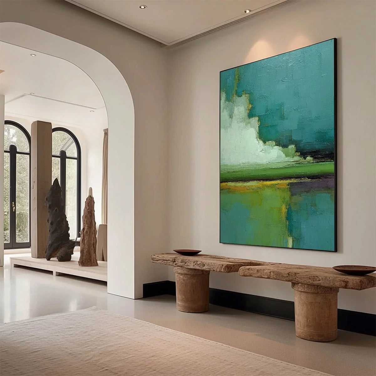 VERDANT HORIZON: Vertical Textured Abstract Landscape Oil Painting | Abstract mood, soft natural light studio shot
