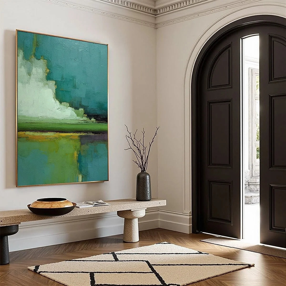 VERDANT HORIZON: Vertical Textured Abstract Landscape Oil Painting | multi-color palette, original oil on stretched canvas art