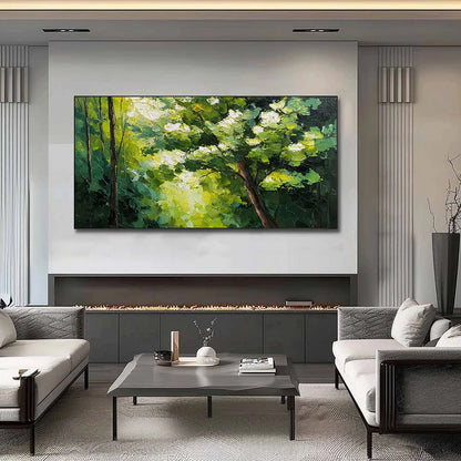 VERDANT LIGHT: Textured Palette Knife Forest Landscape Oil Painting | Landscape closeup, raised brushwork detail