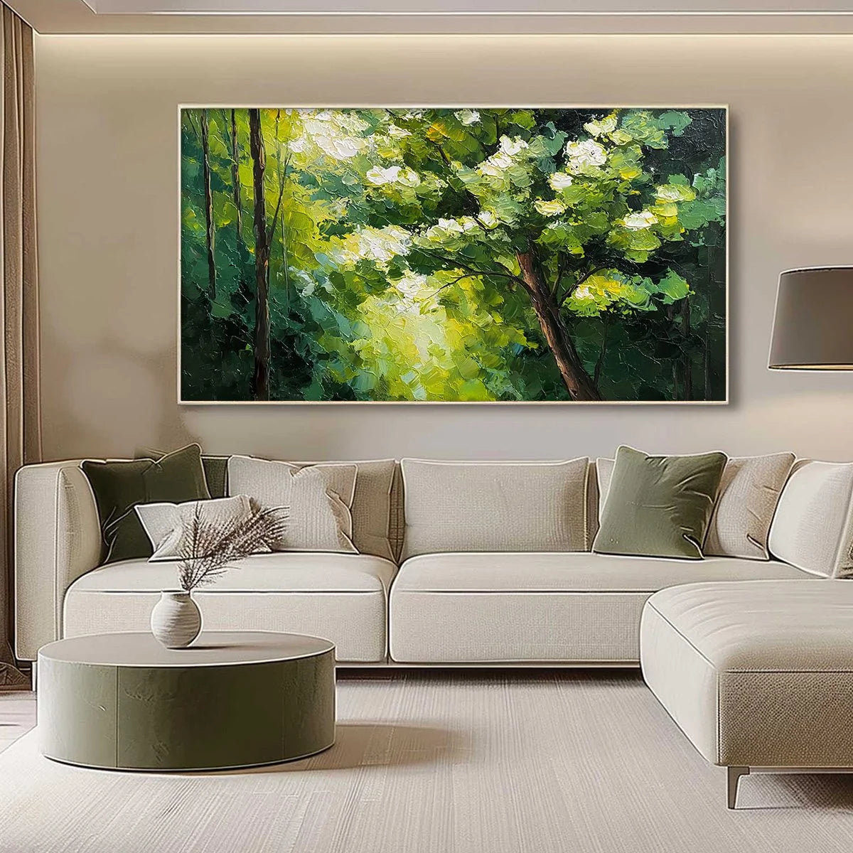 VERDANT LIGHT: Textured Palette Knife Forest Landscape Oil Painting | gold frame stretched on neutral wall