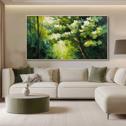 VERDANT LIGHT: Textured Palette Knife Forest Landscape Oil Painting | gold frame stretched on neutral wall
