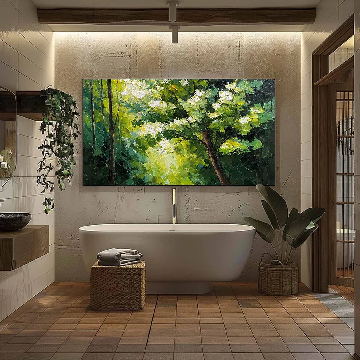 VERDANT LIGHT: Textured Palette Knife Forest Landscape Oil Painting | black frame version on white wall