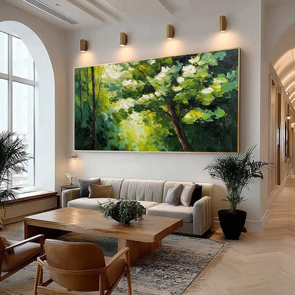 VERDANT LIGHT: Textured Palette Knife Forest Landscape Oil Painting | Landscape mood, soft natural light studio shot