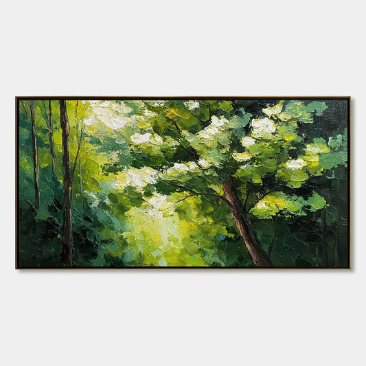 VERDANT LIGHT: Textured Palette Knife Forest Landscape Oil Painting | hanging in living room, Landscape wall art