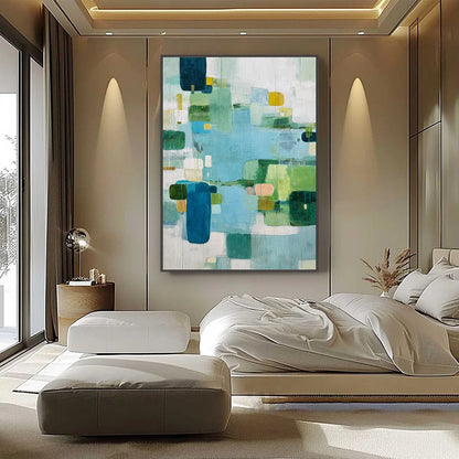 VERDANT MOSAIC: Vertical Modern Blue and Green Abstract Painting | Abstract closeup, raised brushwork detail
