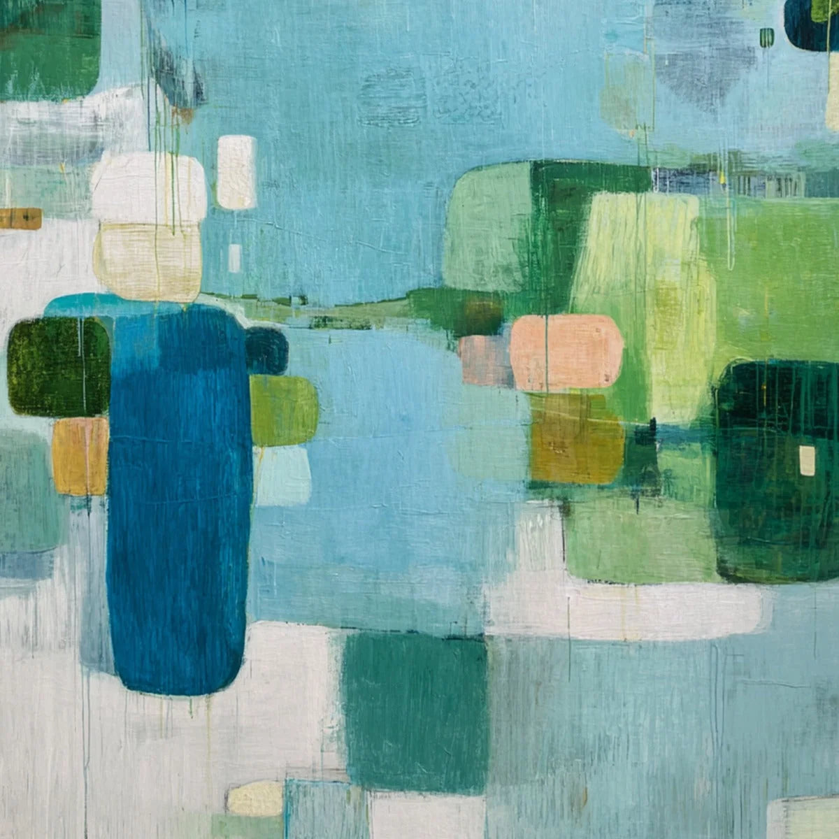 VERDANT MOSAIC: Vertical Modern Blue and Green Abstract Painting | rectangular format, hand-painted canvas edge