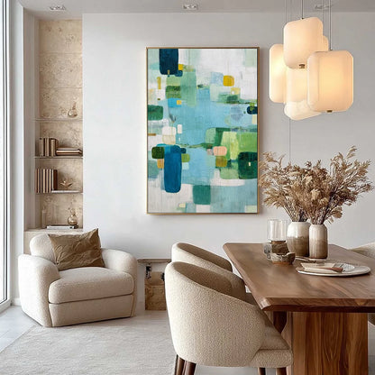 VERDANT MOSAIC: Vertical Modern Blue and Green Abstract Painting | gold frame stretched on neutral wall