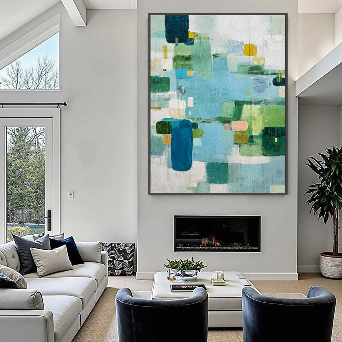 VERDANT MOSAIC: Vertical Modern Blue and Green Abstract Painting | black frame version on white wall