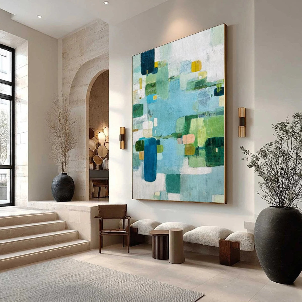 VERDANT MOSAIC: Vertical Modern Blue and Green Abstract Painting | Abstract mood, soft natural light studio shot