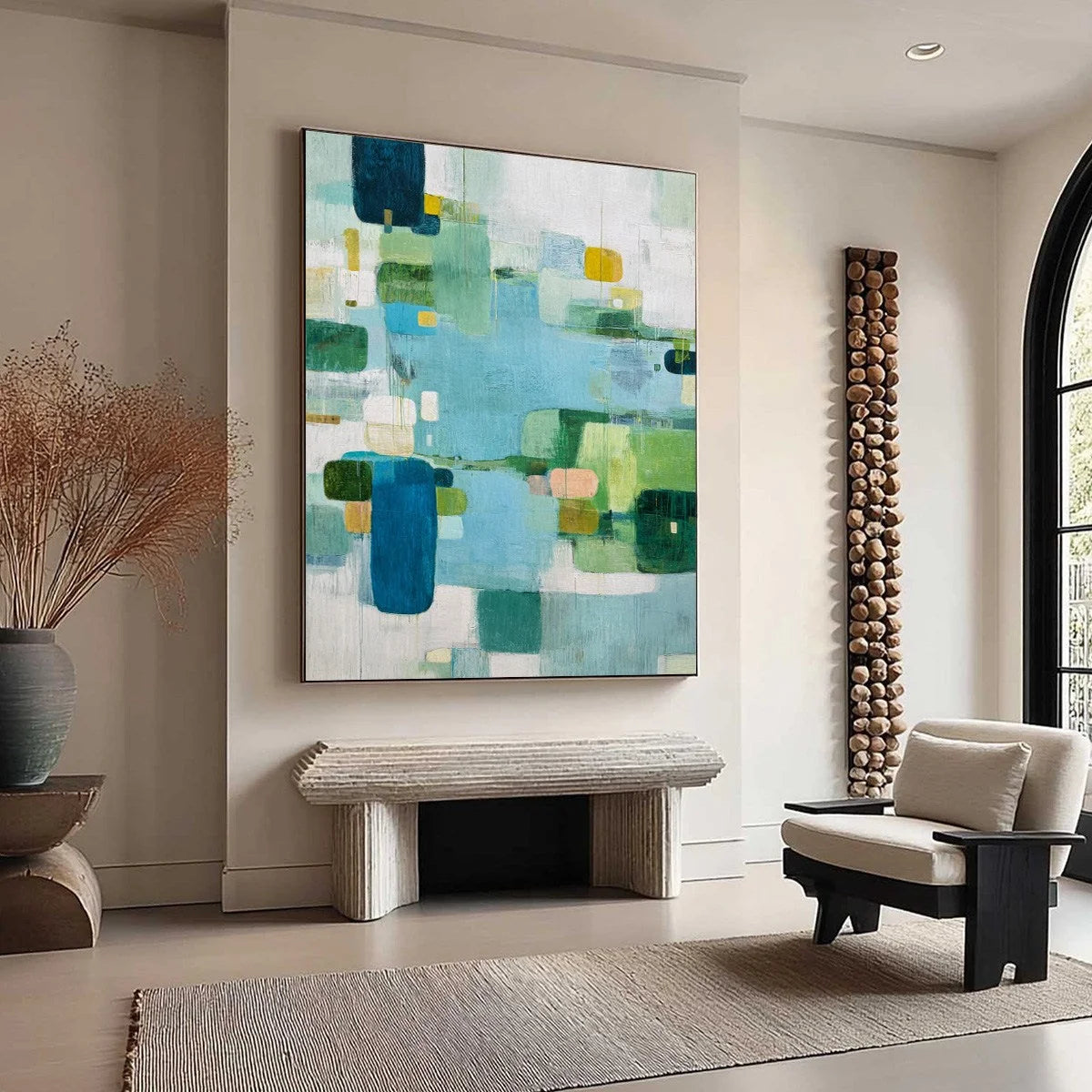 VERDANT MOSAIC: Vertical Modern Blue and Green Abstract Painting | green palette, original oil on stretched canvas art