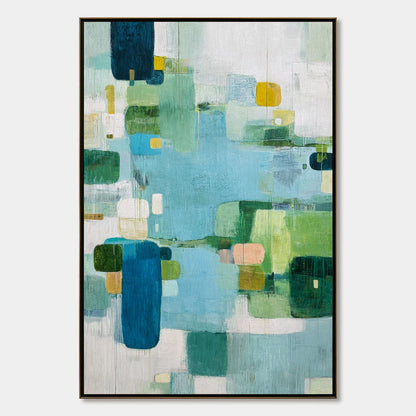 VERDANT MOSAIC: Vertical Modern Blue and Green Abstract Painting | hanging in living room, Abstract wall art