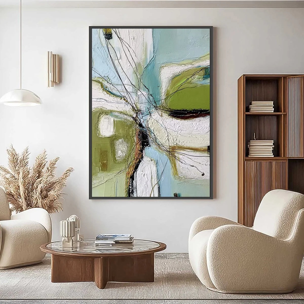VERDANT NEXUS: Textured Abstract Painting with Green and Blue Hues | Abstract closeup, raised brushwork detail