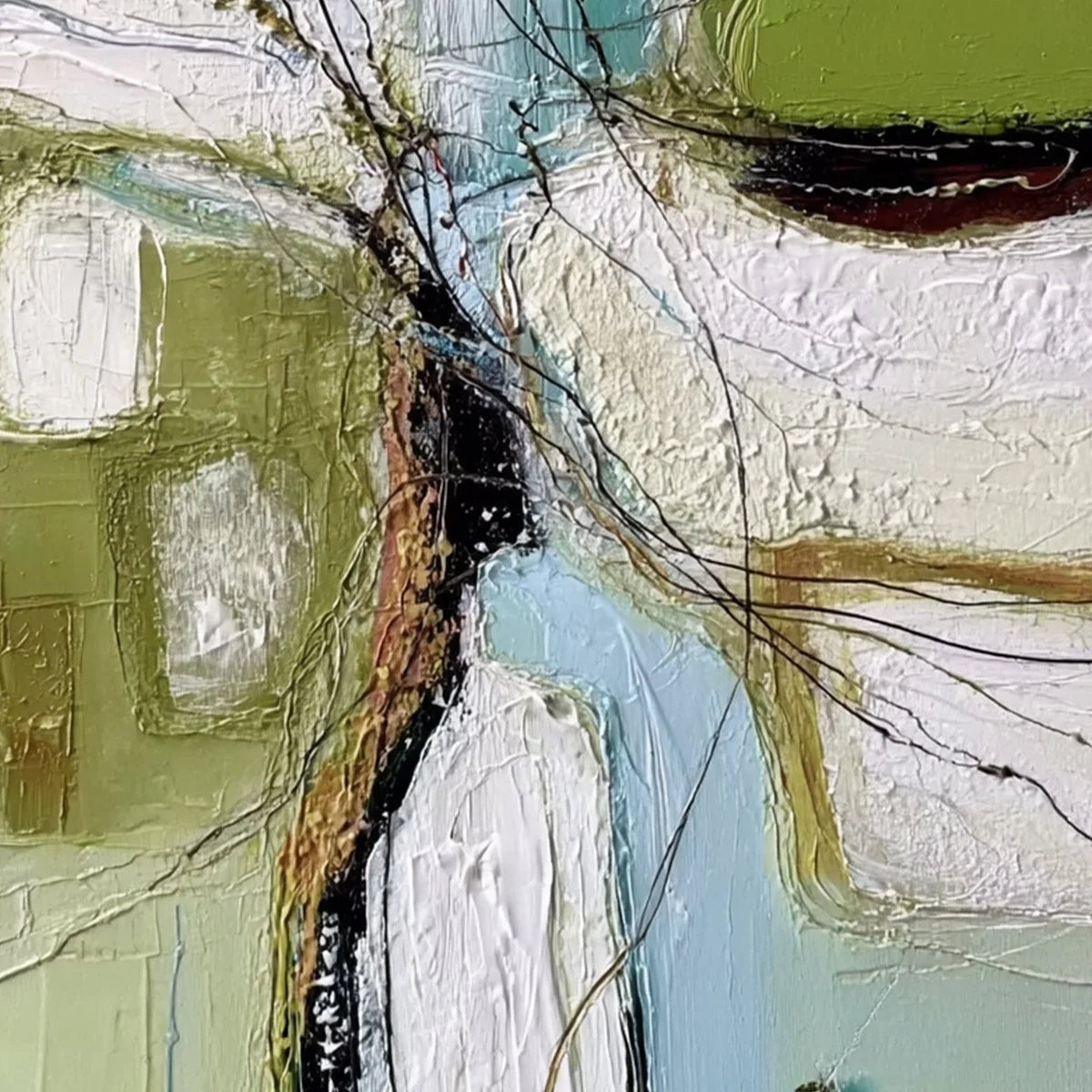 VERDANT NEXUS: Textured Abstract Painting with Green and Blue Hues | rectangular format, hand-painted canvas edge