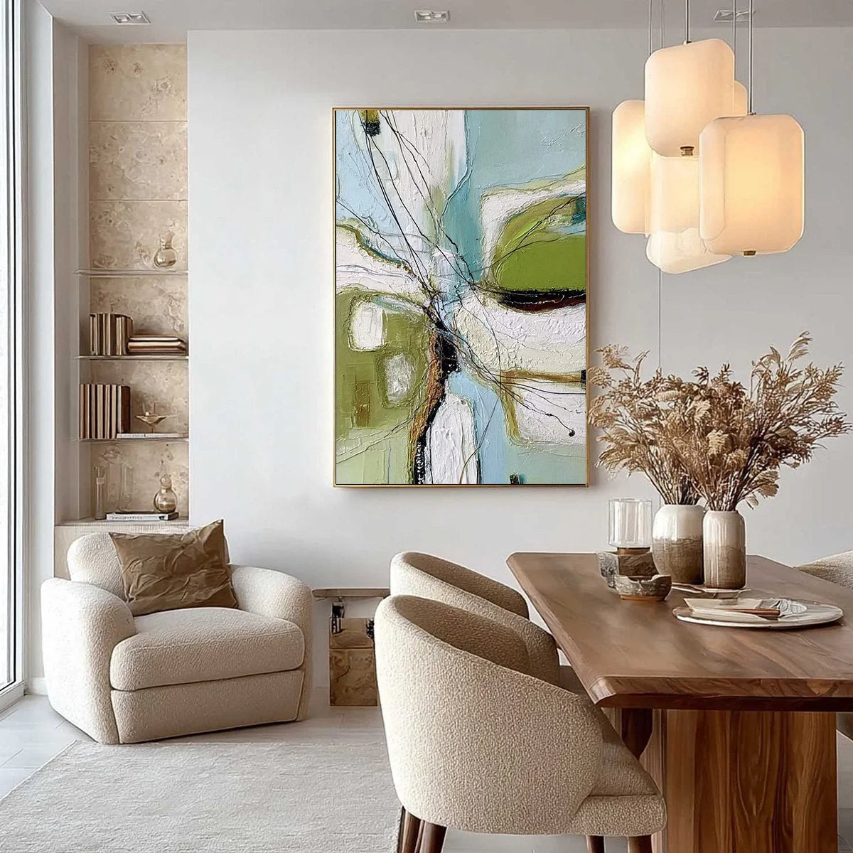 VERDANT NEXUS: Textured Abstract Painting with Green and Blue Hues | gold frame stretched on neutral wall