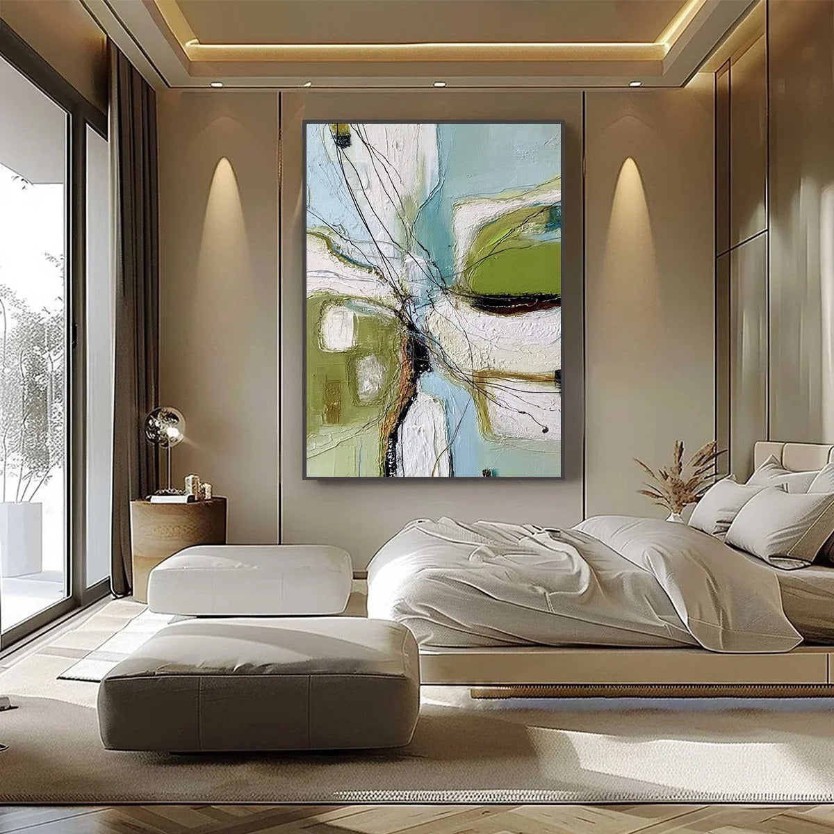 VERDANT NEXUS: Textured Abstract Painting with Green and Blue Hues | black frame version on white wall