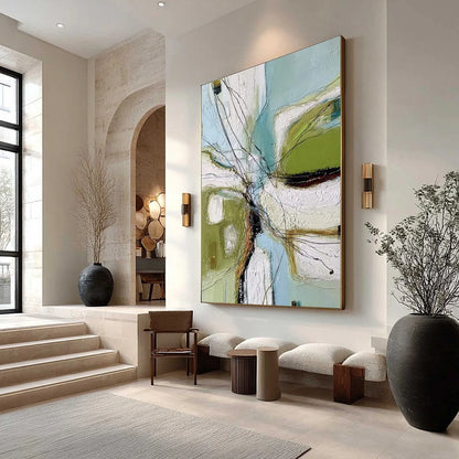 VERDANT NEXUS: Textured Abstract Painting with Green and Blue Hues | Abstract mood, soft natural light studio shot