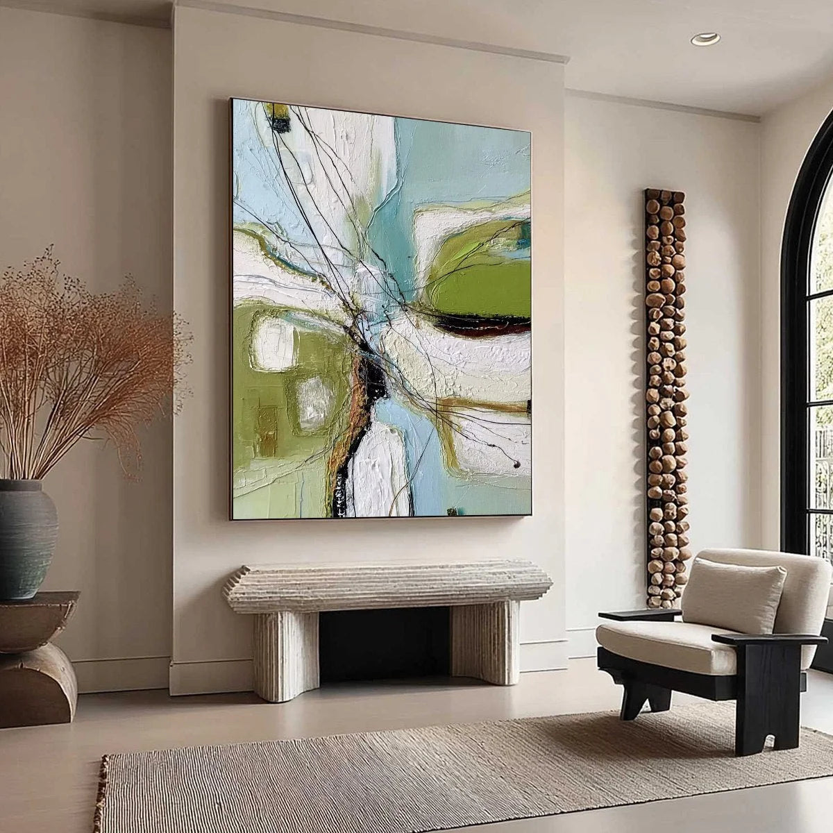 VERDANT NEXUS: Textured Abstract Painting with Green and Blue Hues | green palette, original oil on stretched canvas art