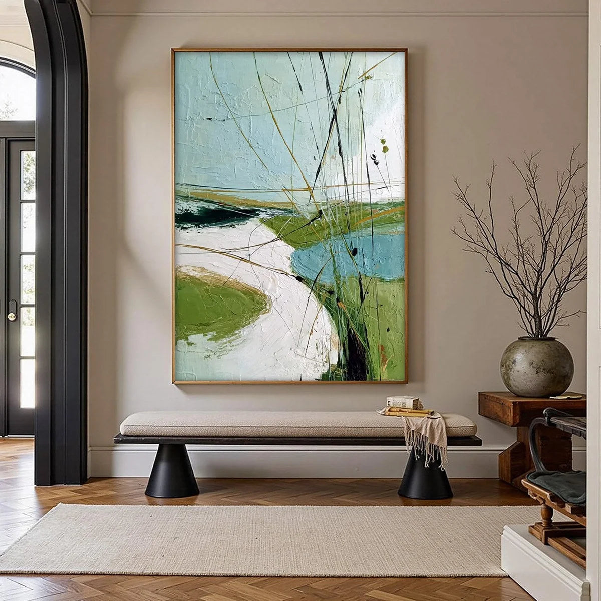VERDANT PATH: Textured Abstract Green and White Landscape Painting | Abstract closeup, raised brushwork detail