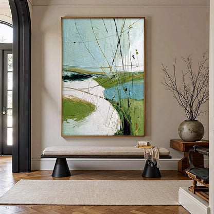 VERDANT PATH: Textured Abstract Green and White Landscape Painting | Abstract closeup, raised brushwork detail