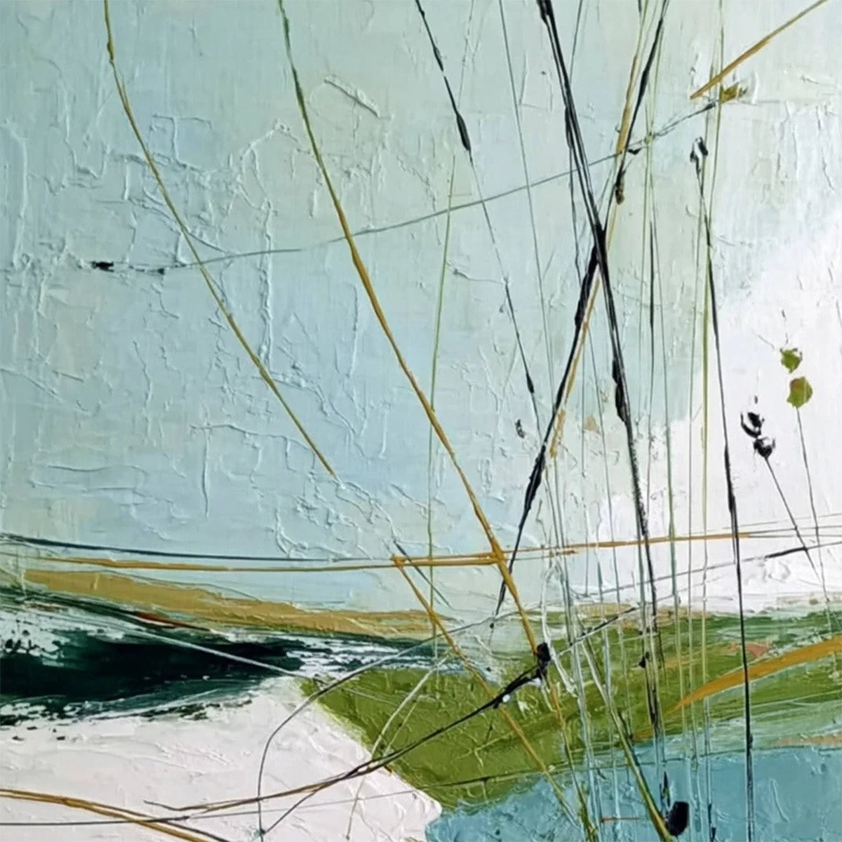 VERDANT PATH: Textured Abstract Green and White Landscape Painting | rectangular format, hand-painted canvas edge