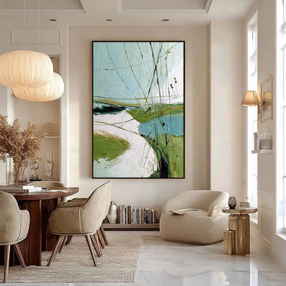 VERDANT PATH: Textured Abstract Green and White Landscape Painting | gold frame stretched on neutral wall