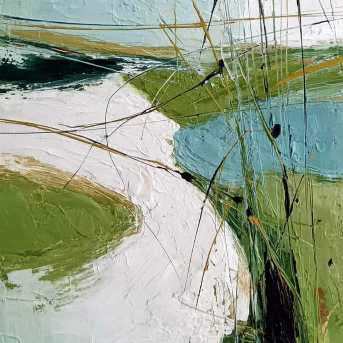 VERDANT PATH: Textured Abstract Green and White Landscape Painting | rolled canvas, ready for custom framing