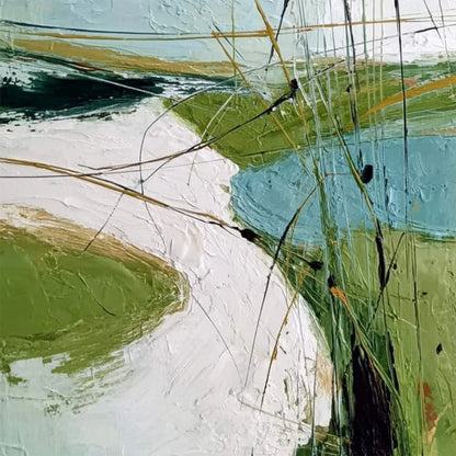 VERDANT PATH: Textured Abstract Green and White Landscape Painting | rolled canvas, ready for custom framing