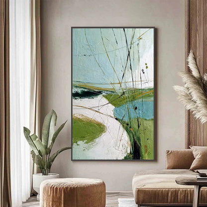 VERDANT PATH: Textured Abstract Green and White Landscape Painting | black frame version on white wall