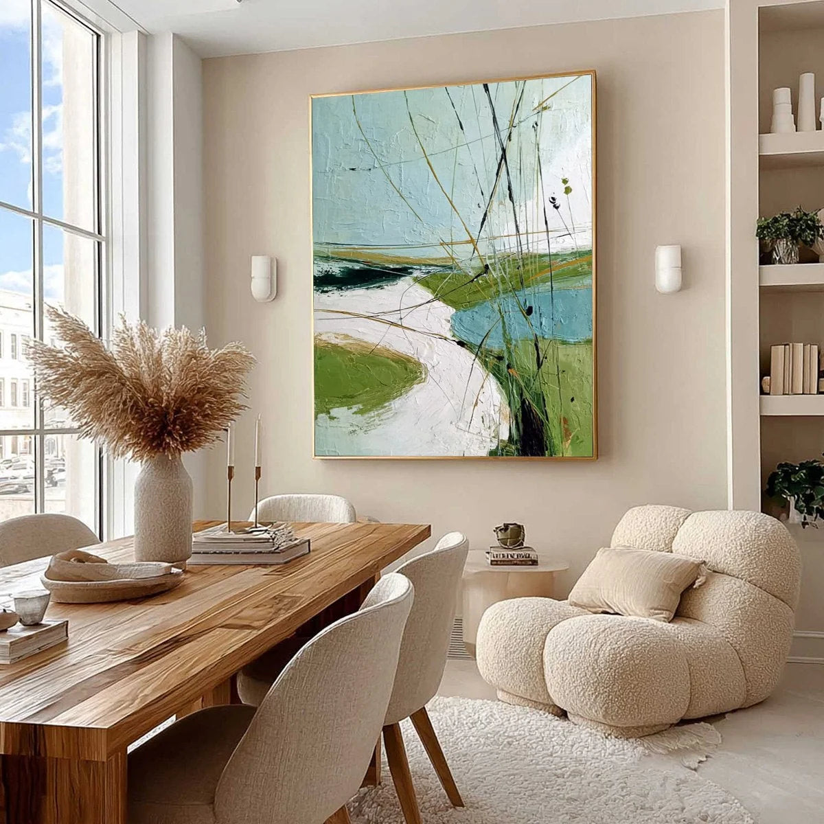 VERDANT PATH: Textured Abstract Green and White Landscape Painting | Abstract mood, soft natural light studio shot