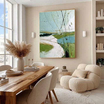 VERDANT PATH: Textured Abstract Green and White Landscape Painting | Abstract mood, soft natural light studio shot