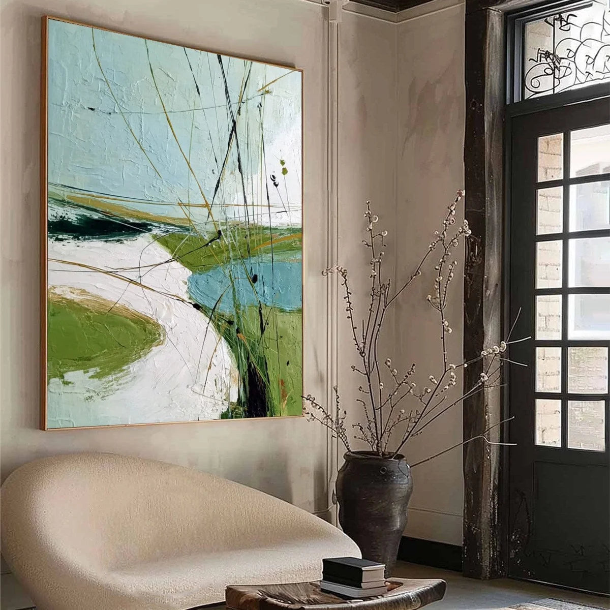 VERDANT PATH: Textured Abstract Green and White Landscape Painting | green palette, original oil on stretched canvas art