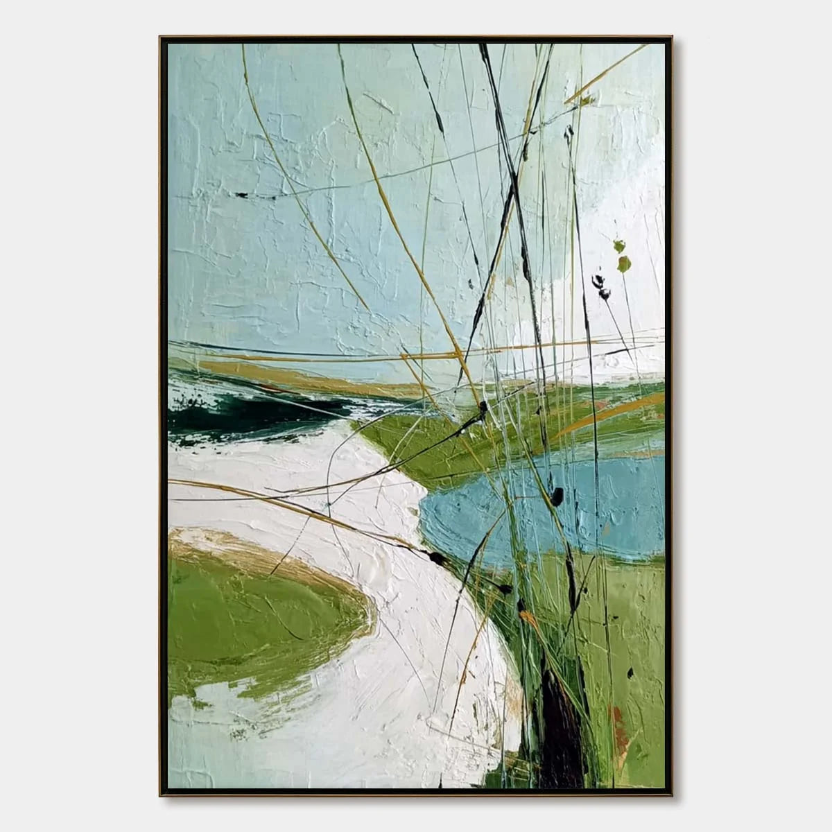 VERDANT PATH: Textured Abstract Green and White Landscape Painting | hanging in living room, Abstract wall art