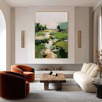 VERDANT PATH: Textured Abstract Landscape Oil Painting for Modern Home Decor | Abstract closeup, raised brushwork detail