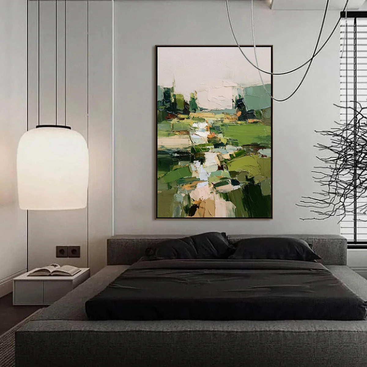 VERDANT PATH: Textured Abstract Landscape Oil Painting for Modern Home Decor | gold frame stretched on neutral wall