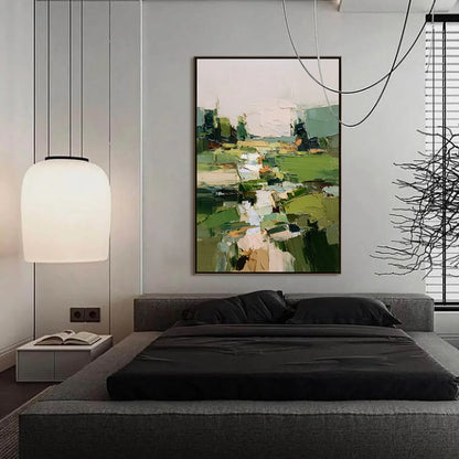 VERDANT PATH: Textured Abstract Landscape Oil Painting for Modern Home Decor | gold frame stretched on neutral wall