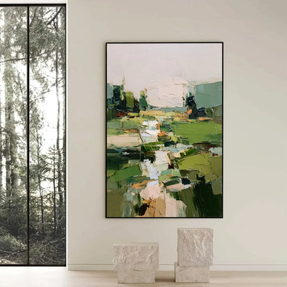 VERDANT PATH: Textured Abstract Landscape Oil Painting for Modern Home Decor | black frame version on white wall